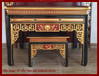 Bàn thờ đục hoa sen điểm tùng cúc trúc mai có tủ cơm